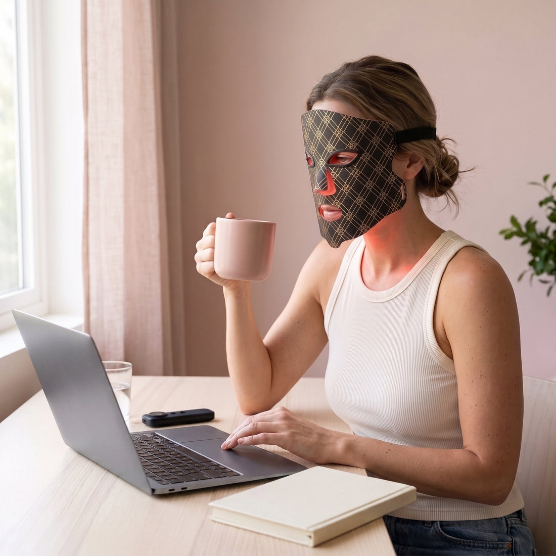 At work | Woman wearing the cordless Lumina Pro LED mask while working at her desk
