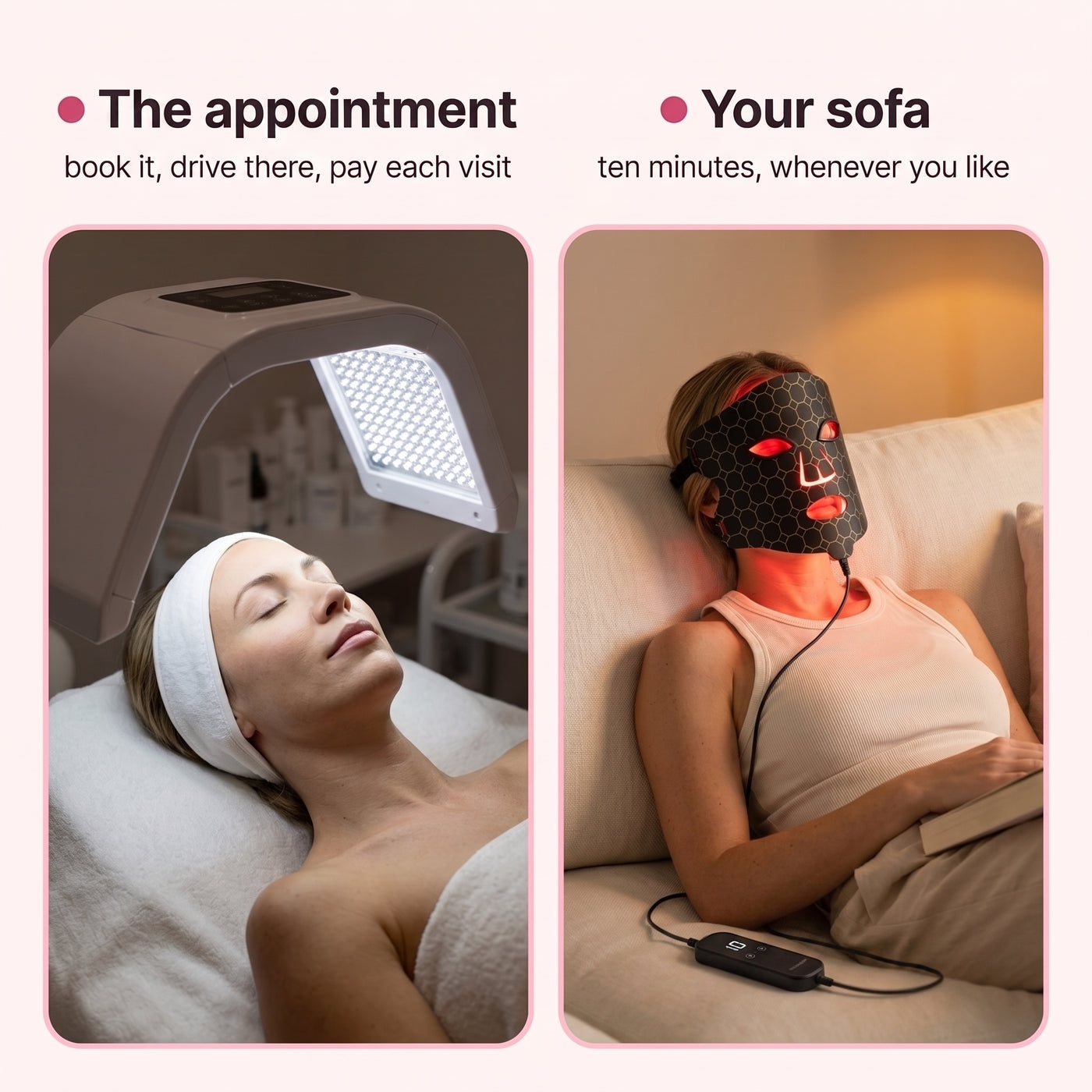 The appointment versus your sofa: a salon LED facial compared with the Lumina Pro mask at home