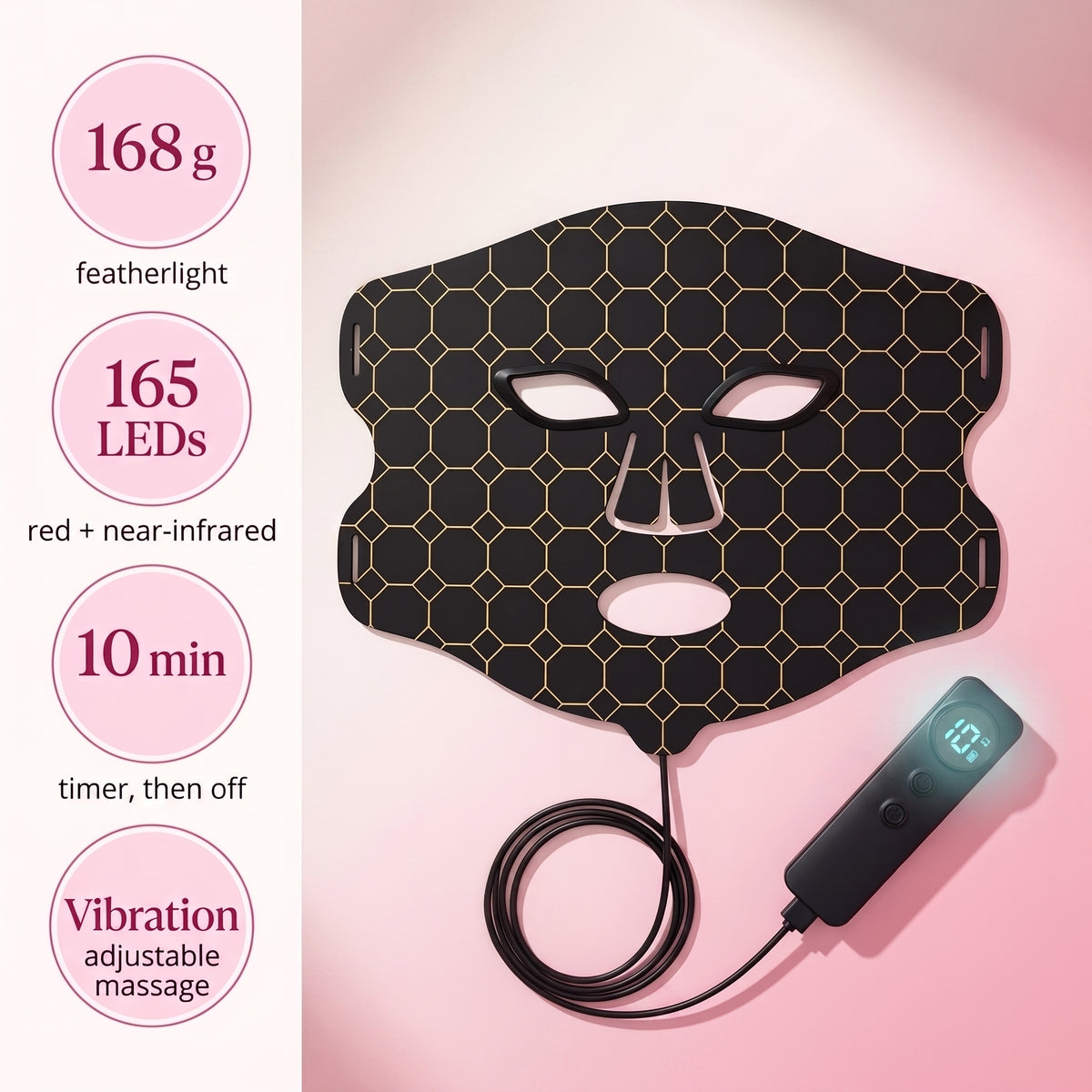 Lumina Pro LED mask at a glance: 168 g, 165 LEDs, 10-minute timer, adjustable vibration