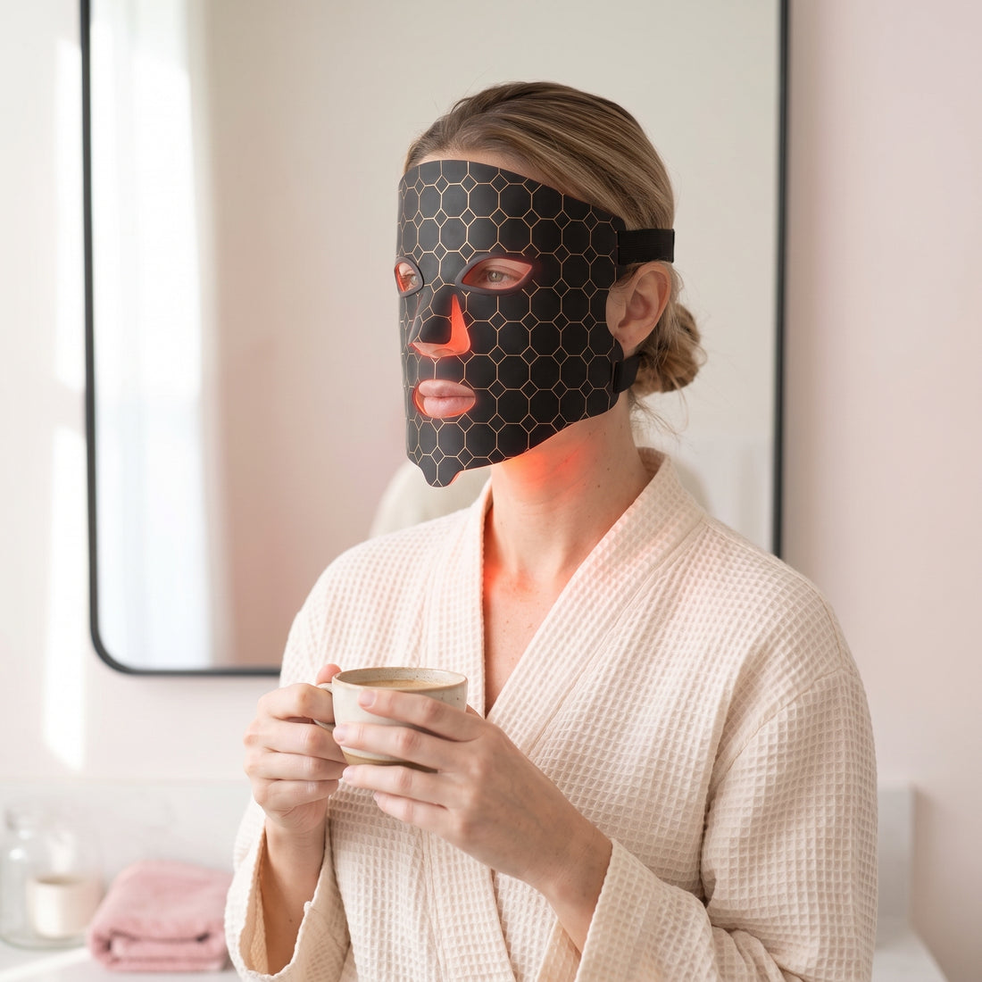 Morning | Woman wearing the Lumina Pro LED mask at her bathroom vanity in the morning