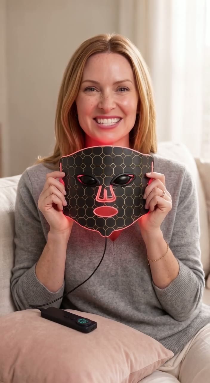 A woman on a sofa holds the Lumina Pro mask lit in red and near-infrared toward the camera
