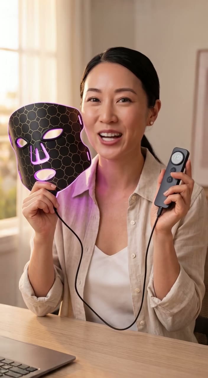 A woman at a desk holds the Lumina Pro mask lit in purple and its controller