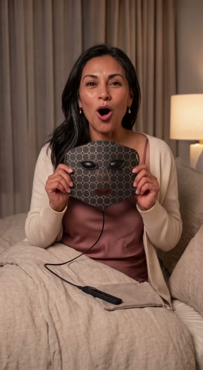 A woman in bed holds the switched-off Lumina Pro mask toward the camera